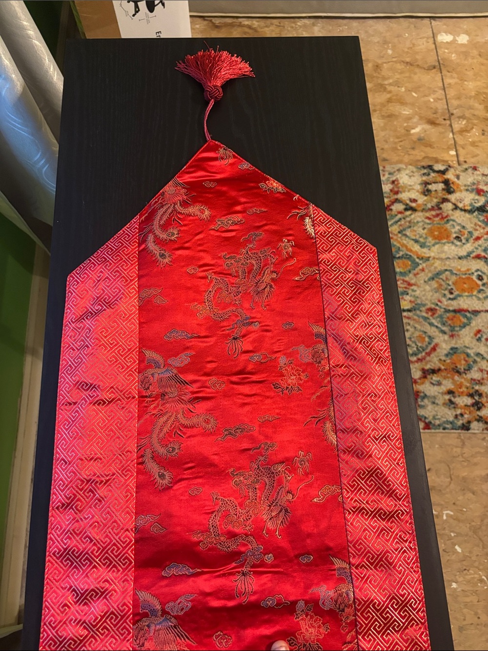 Red Satin Decorative Table Runner with Dragon Embroidery